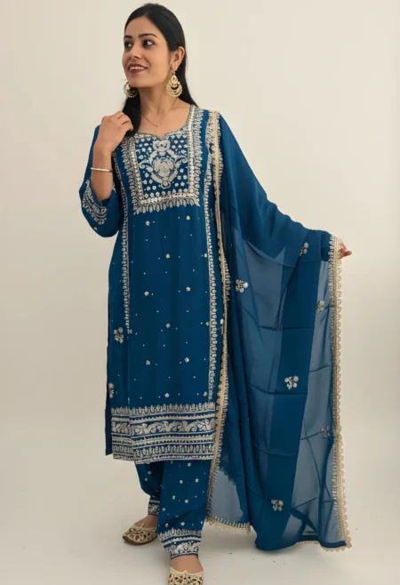 Memsaab Teal Handwork Embroidered Kurta Palazzo Set