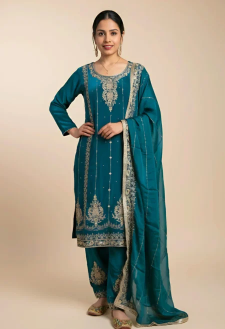 Memsaab Teal Handwork Embroidered Kurta Set