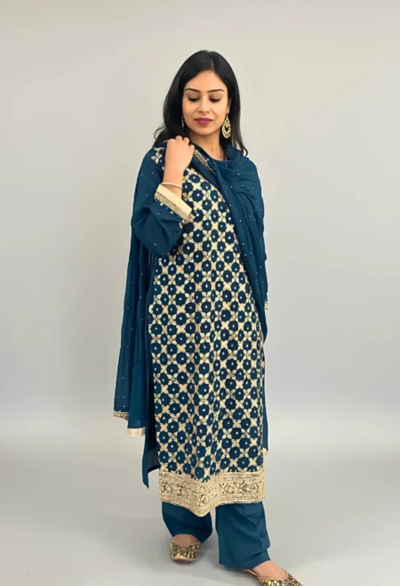 Memsaab Teal Jaal Handwork Embroidered Kurta Palazzo Set