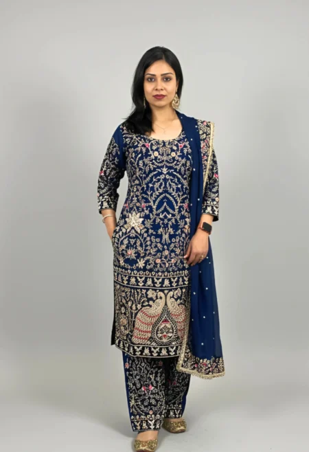Memsaab Teal Peacock Handwork Embroidered Kurta Palazzo Set