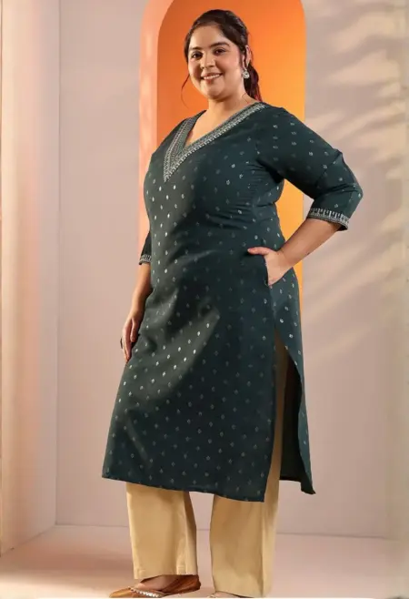 Memsaab teal thread work silk straight kurta with woven ethnic motifs everyday wear New Zealand