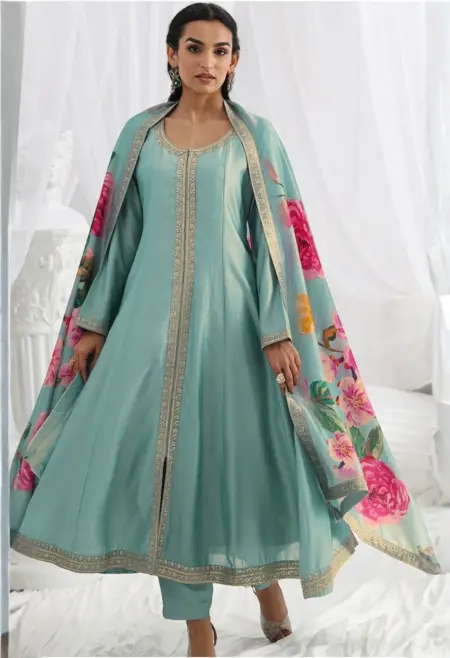 Memsaab Turquoise Blue Embroidered Anarkali Set