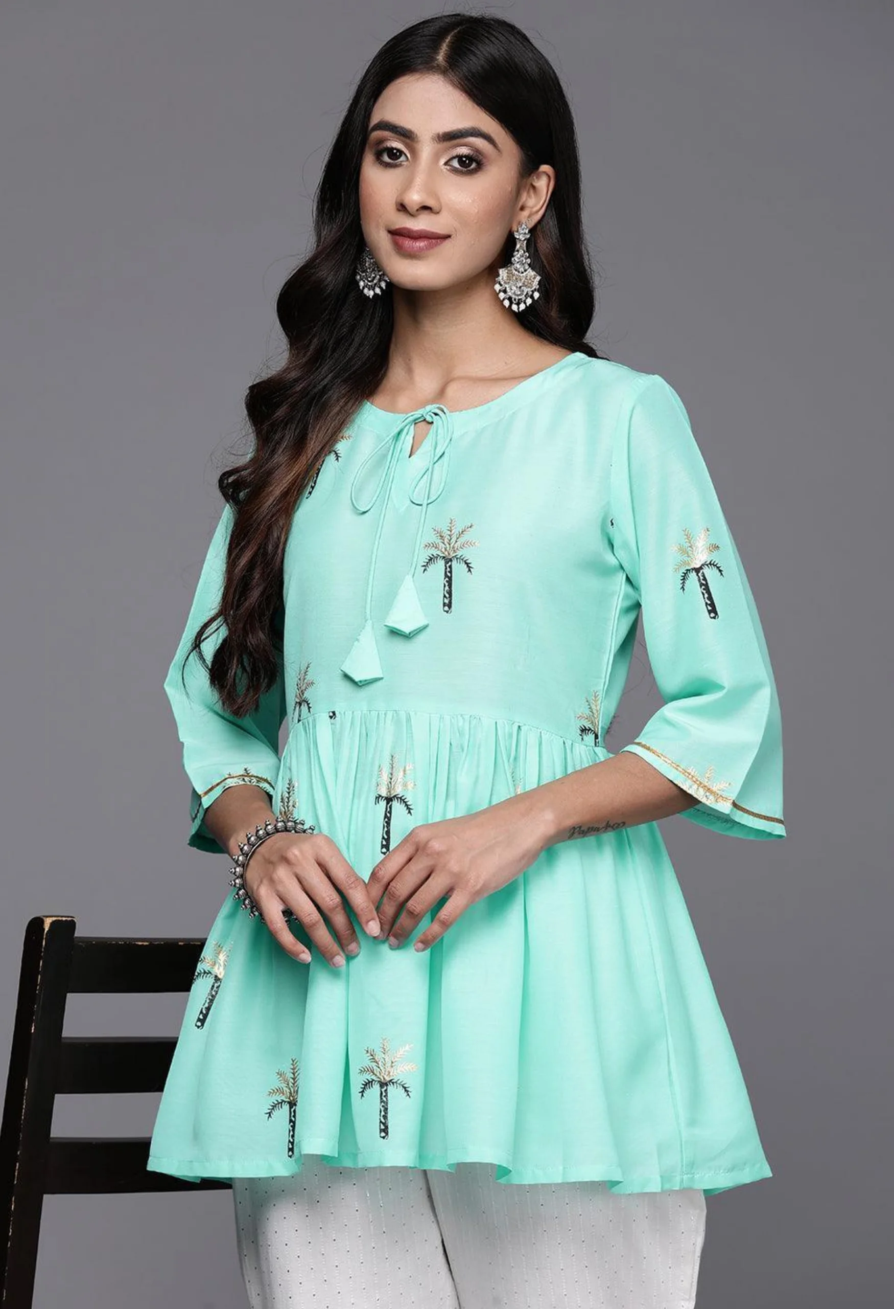 Memsaab Turquoise Blue Floral Silk Blend Kurti - Memsaab