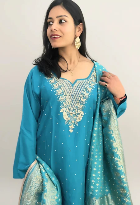 Memsaab Turquoise V Neck Handwork Embroidered Kurta Palazzo Set