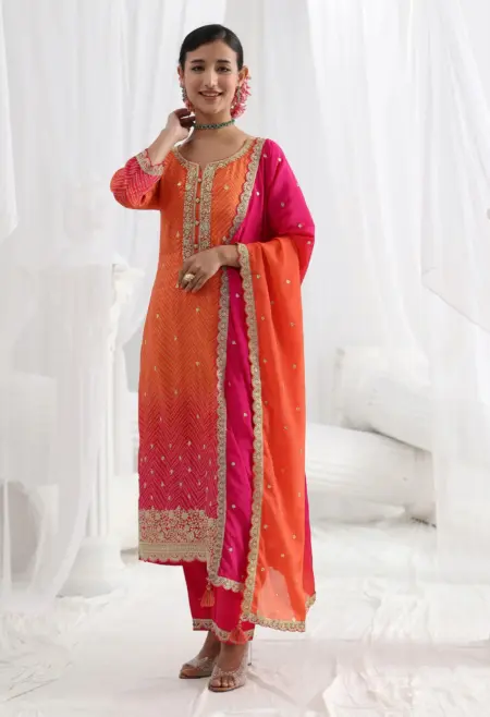 Memsaab Vibrant Orange Pink Chinon Printed Suit Set