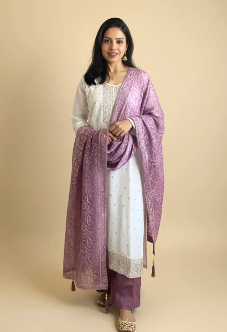 Memsaab White & Lavender Handwork Kurta Palazzo Set