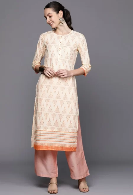 Memsaab White and Orange Cotton Straight Kurta
