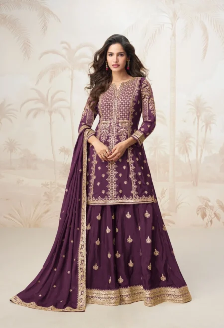 Memsaab Wine Embroidered Kurta Sharara Set