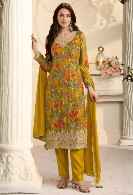 Memsaab yellow dola silk digital print kurta set with embroidered dupatta festive wear New Zealand