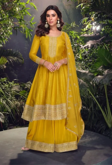 Memsaab Yellow Silk Embroidered Sharara Set for Women