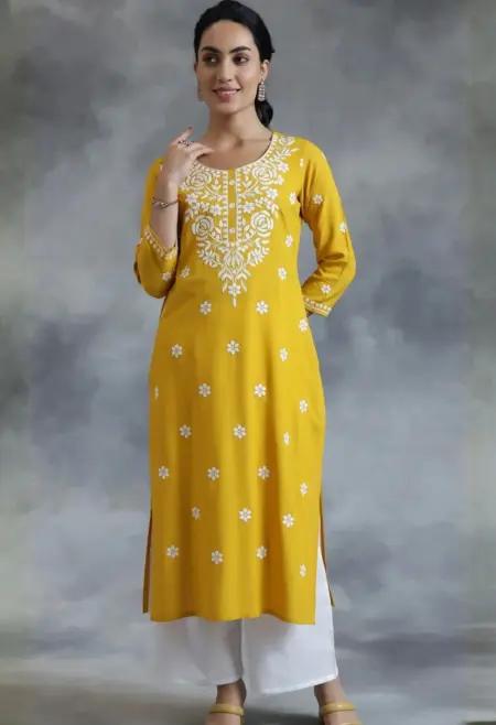Memsaab yellow thread work embroidered straight kurta in viscose rayon casual festive wear New Zealand