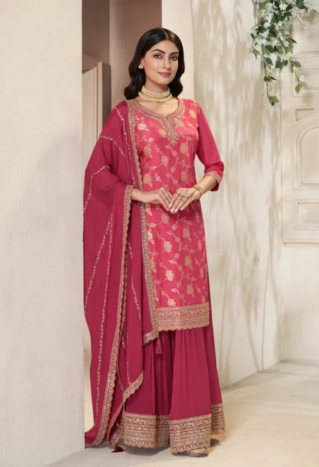 Memsaab pink dola silk sharara suit set with sequins embroidery and designer V-neck kurta