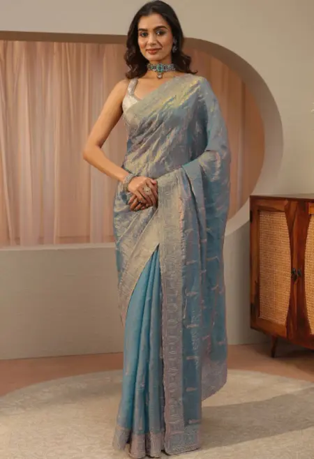 Powder Blue Tissue Zari Border Saree