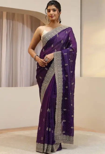 Purple Tissue Embroidered Border Saree
