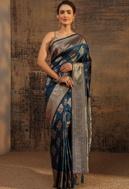 Teal Silk Blend Woven Zari Saree