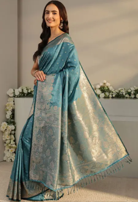 Teal Silk Blend Zari Border Saree