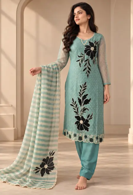 aqua blue floral kurta set