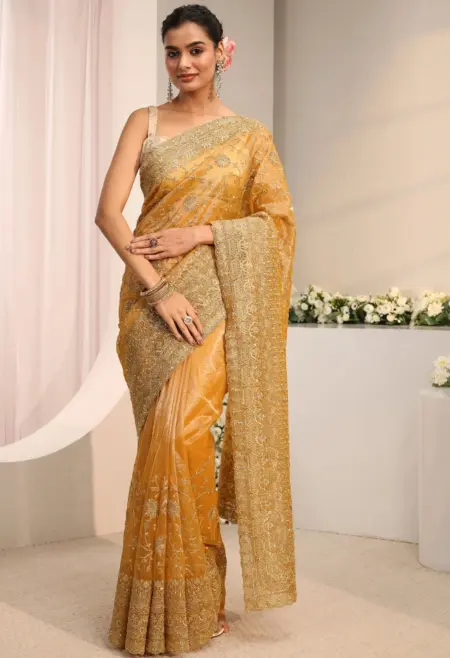 beige floral embellished net saree