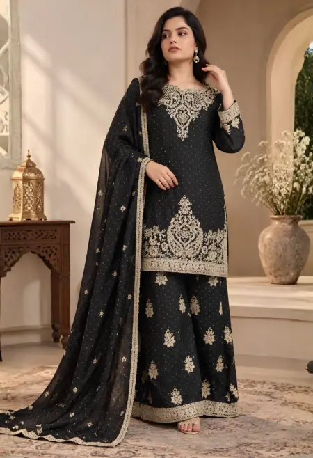 black embroidered sharara set