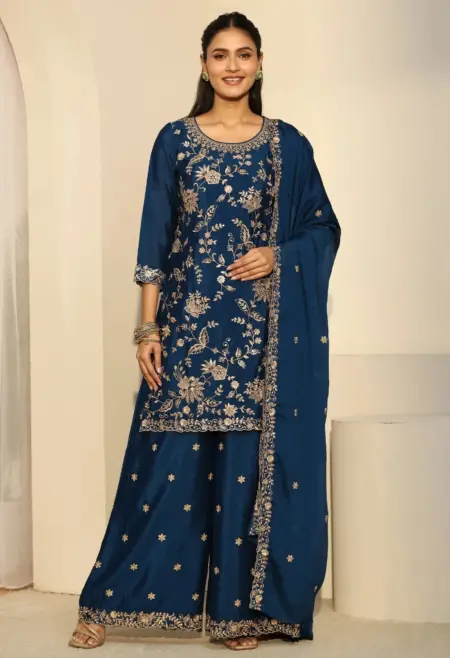 blue thread work sharara set