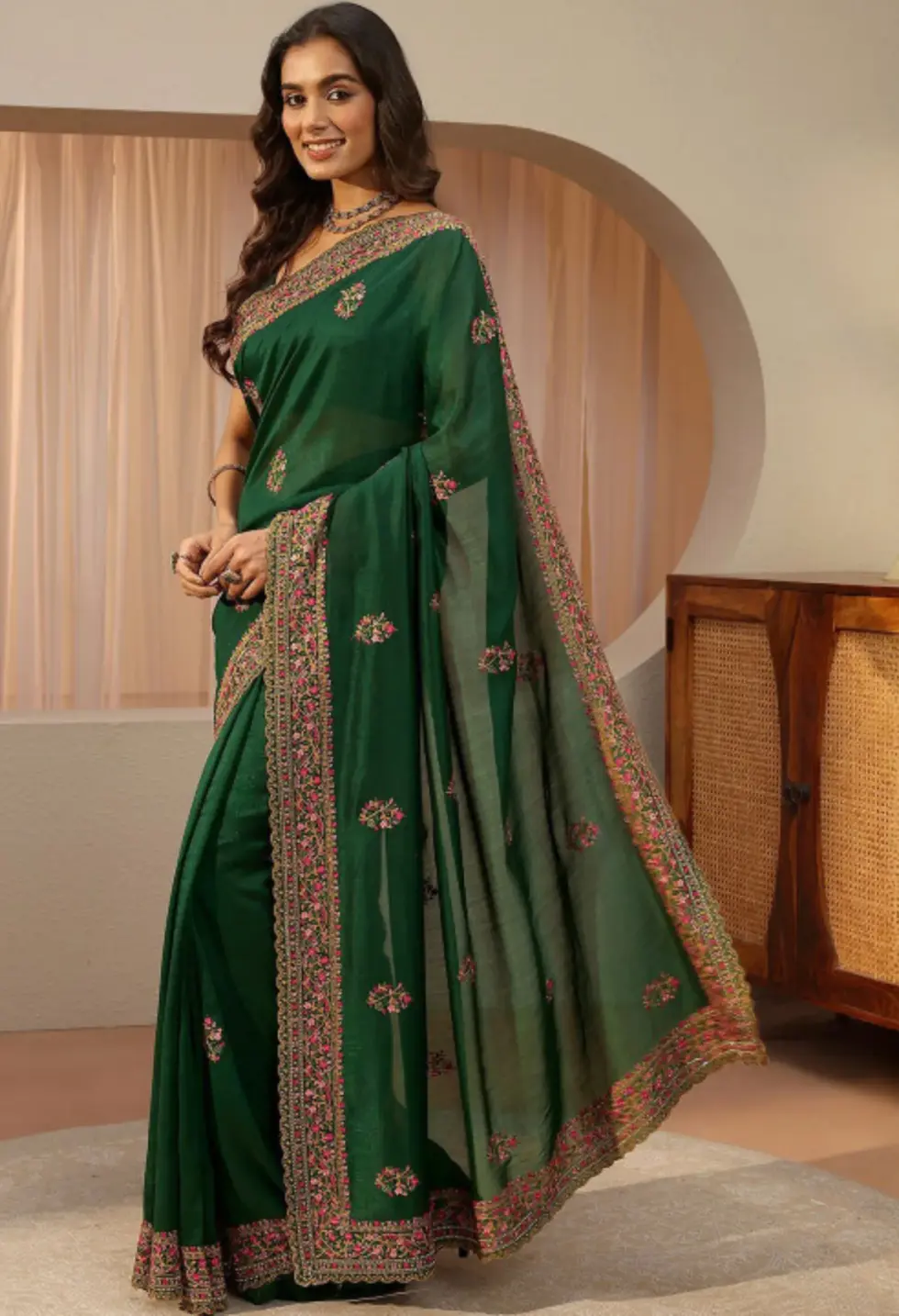 bottle green silk saree