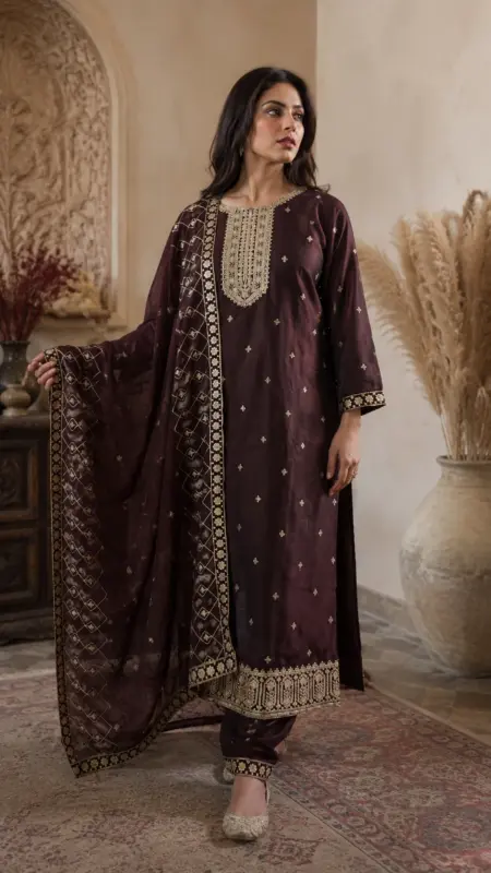 brown Vichitra silk suit set