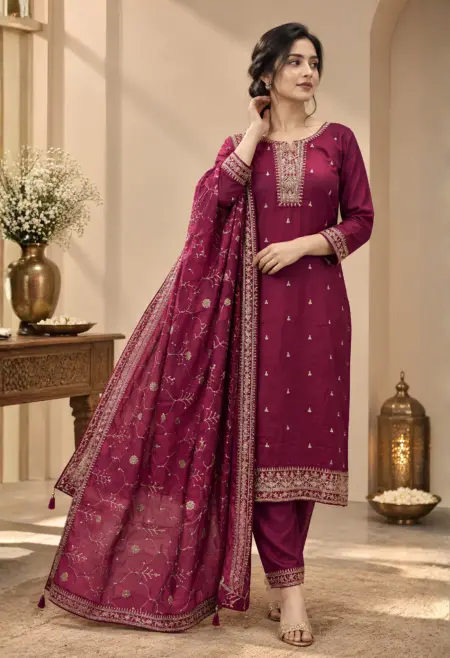 burgundy embroidered suit set