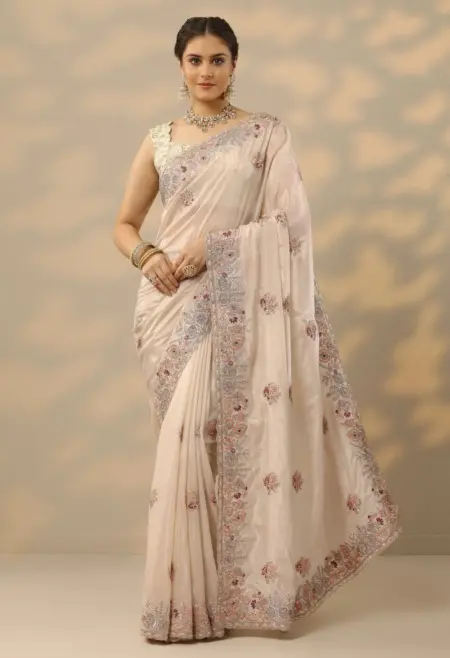 cream crepe saree