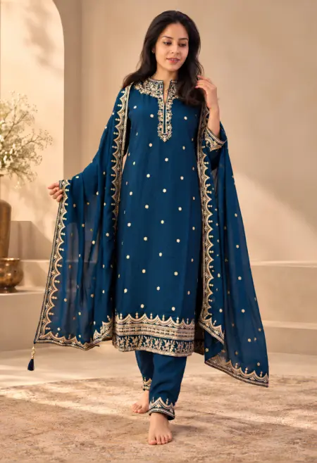 deep teal blue embroidered suit set