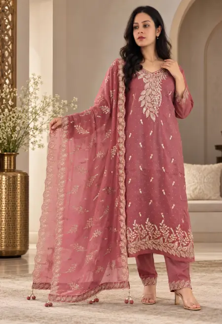 dusty rose embroidered suit set