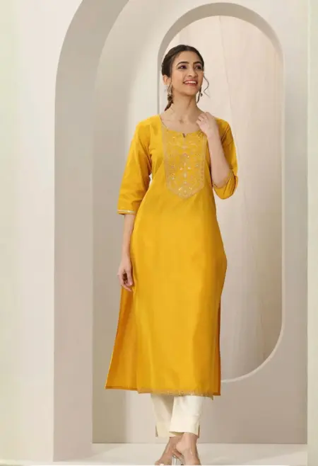 Memsaab Mustard Yoke Design Silk Kurta
