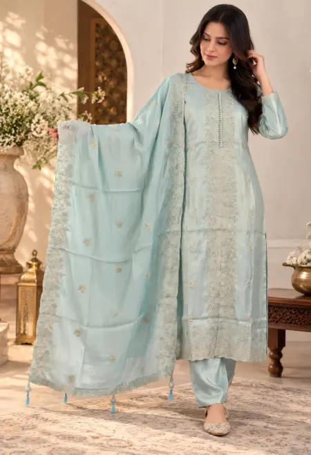 ice blue embroidered suit set
