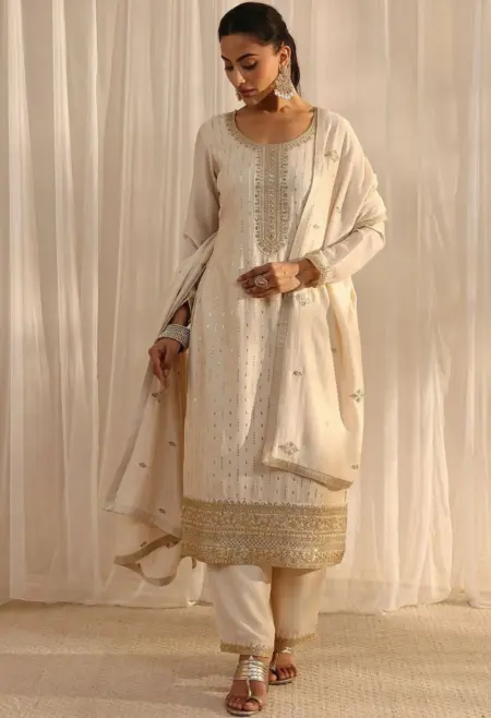ivory embroidered straight suit set