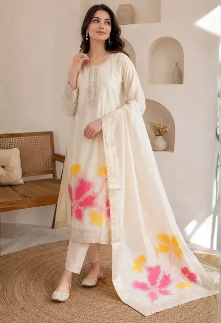 ivory floral silk suit