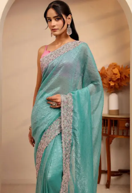 light teal blue tissue saree