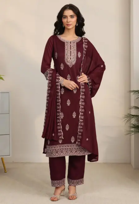 maroon plus size chinon suit set