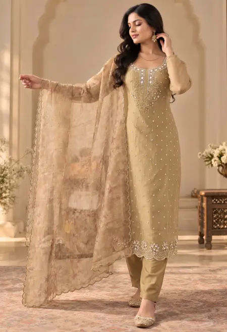 mocha brown emerald neckline kurta set