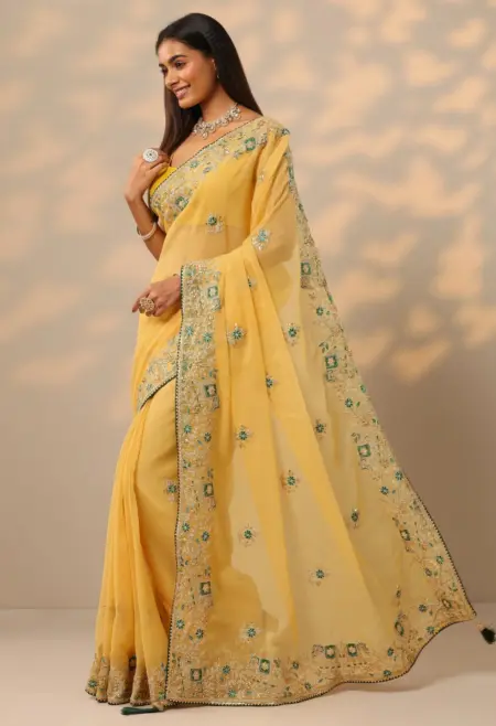 mustard Chinon saree