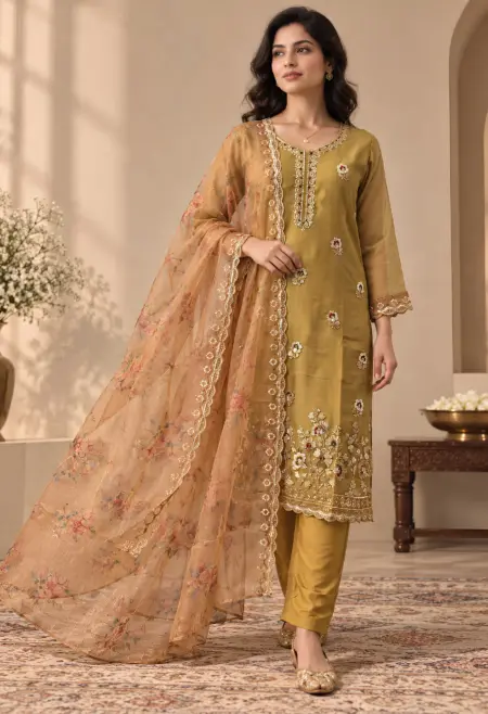 mustard gold embroidered suit set