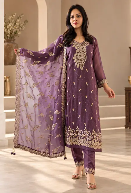 plum purple embroidered suit set