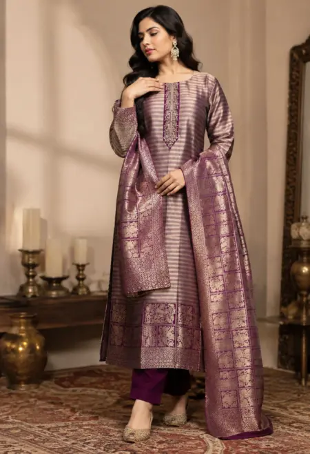 plum silk jacquard suit