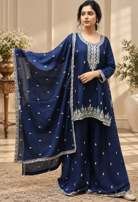plus size navy blue chinon sharara set