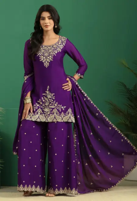 purple zari embroidered sharara set