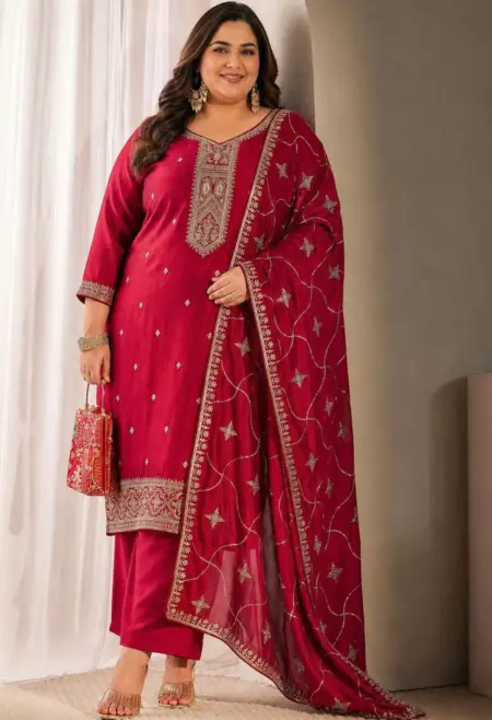 red plus size kurta set