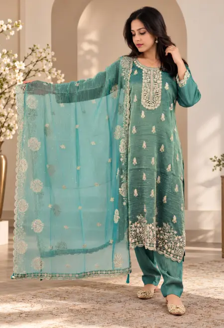 sea green embroidered suit set