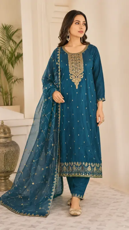 teal Vichitra silk suit set