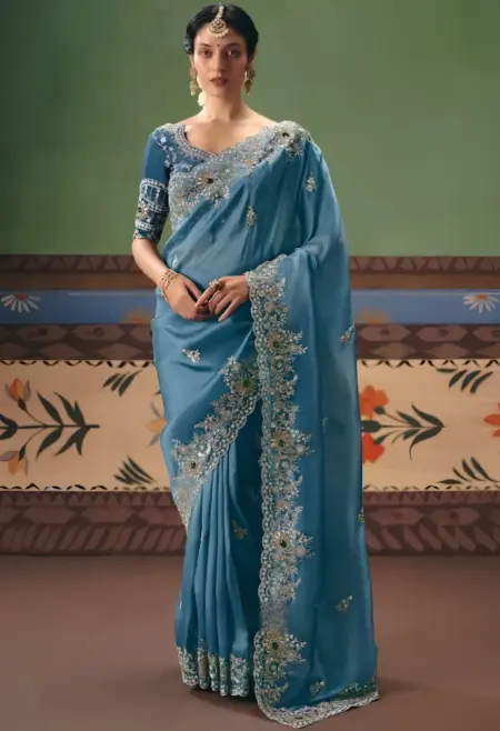 teal blue tissue silk saree