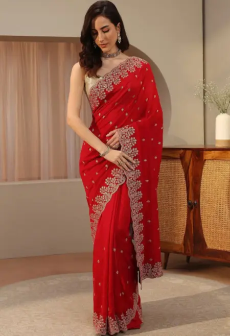 vermilion red silk saree