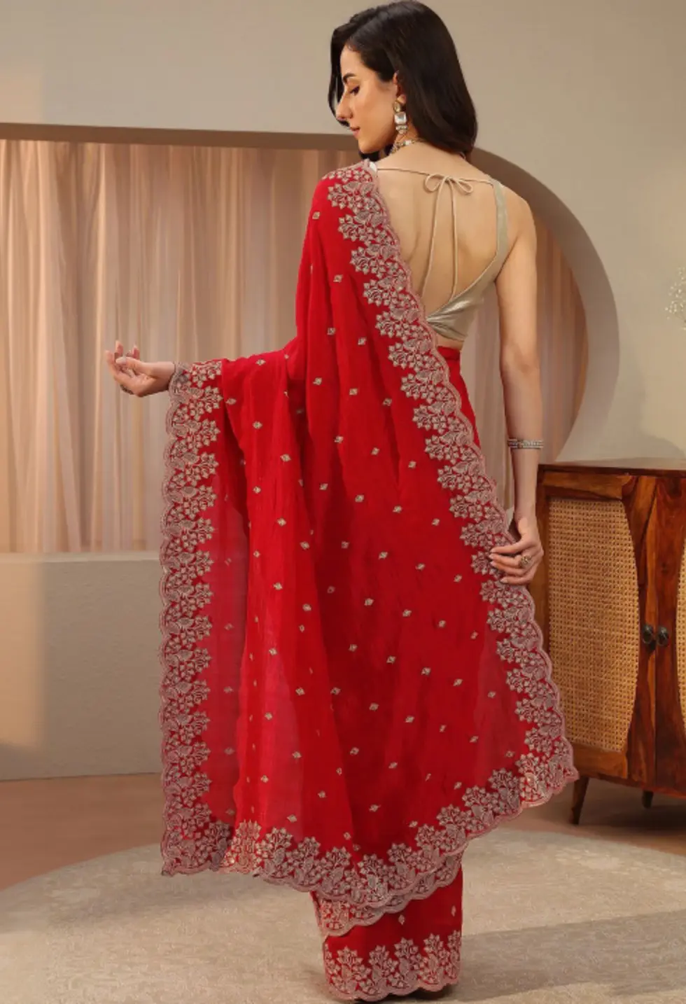 vermilion red silk saree